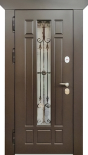 Стальная непромерзающая термодверь с узким стеклом, решеткой, карнизом и МДФ панелями