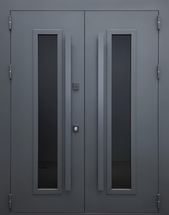 Двустворчатая остекленная термодверь с бугельными ручками и полимерным окрашиванием графит