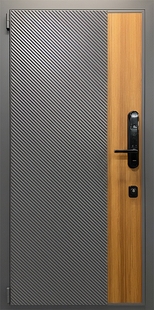 Стальная квартирная дверь с серыми панелями МДФ RAL + ПВХ и биометрическим замком