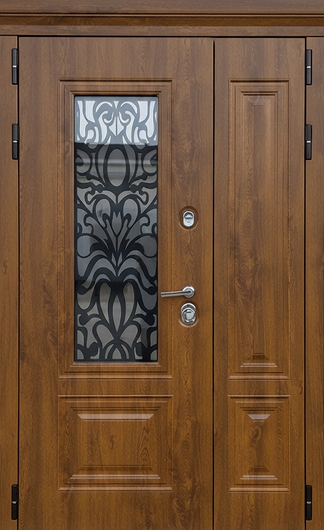 Морозостойкая полуторная термодверь с коричневыми панелями МДФ, стеклом и решеткой «лазерная резка»